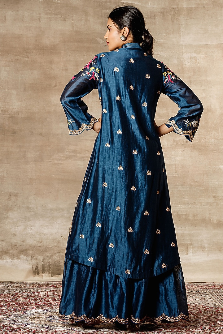 Blue Embroidered Chanderi Jacket Set by Ajiesh Oberoi at Pernia's Pop Up Shop