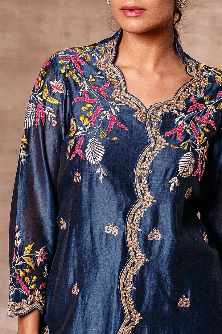 Blue Embroidered Chanderi Jacket Set by Ajiesh Oberoi at Pernia's Pop Up Shop