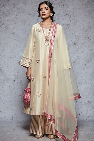 Light Gold Embroidered A-Line Kurta Set by Ajiesh Oberoi