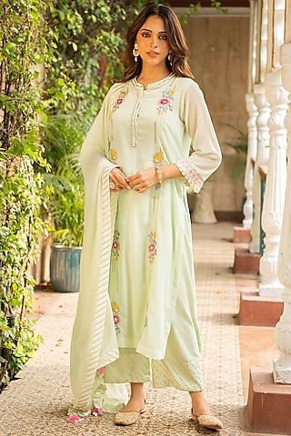 Sea Green Mulmul & Rayon Embroidered Kurta Set by Ajiesh Oberoi