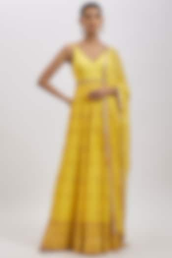 Yellow Georgette Hand Embellished Anarkali Set by AJAY & PRIYANKA at Pernia's Pop Up Shop