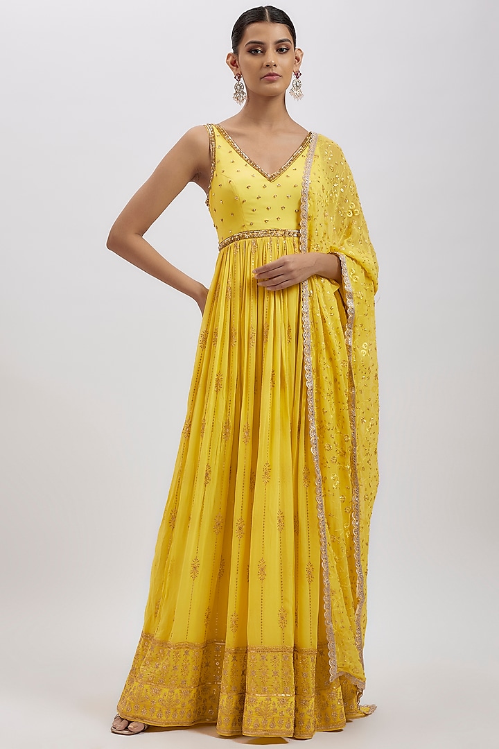 Yellow Georgette Hand Embellished Anarkali Set by AJAY & PRIYANKA at Pernia's Pop Up Shop