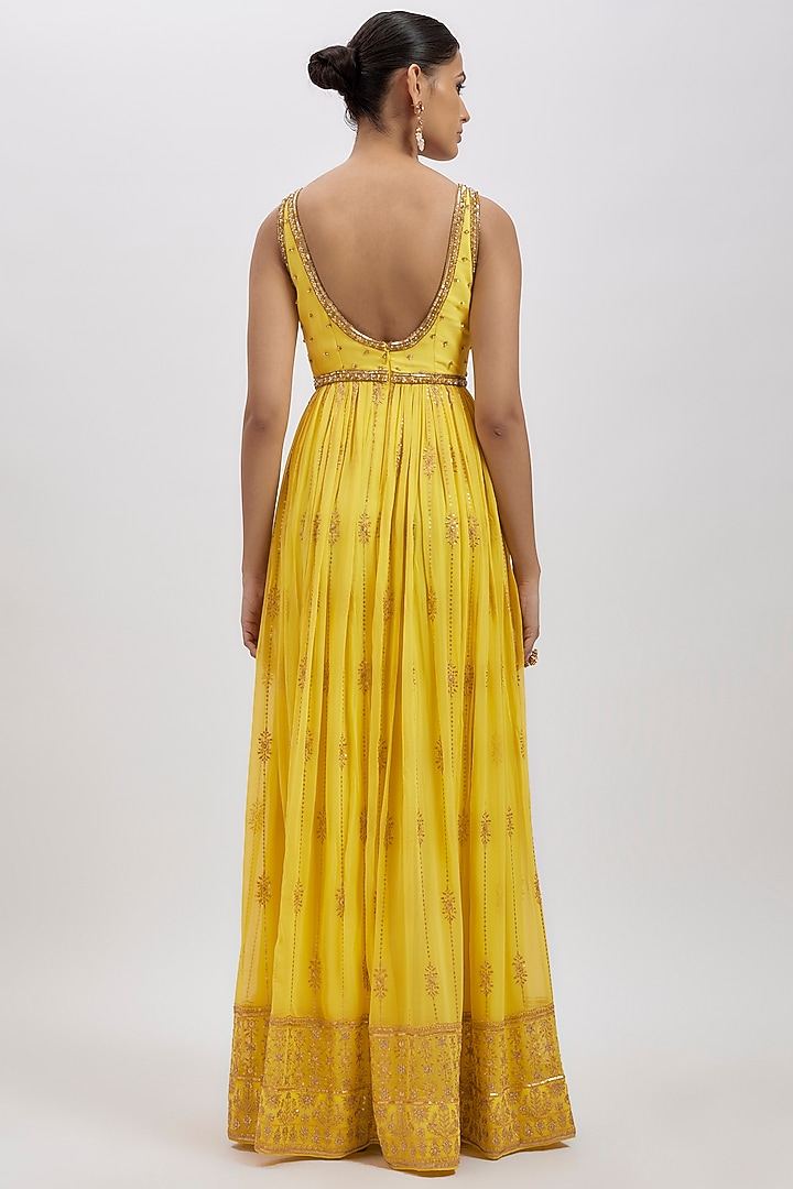 Yellow Georgette Hand Embellished Wedding Anarkali Set by AJAY & PRIYANKA at Pernia's Pop Up Shop