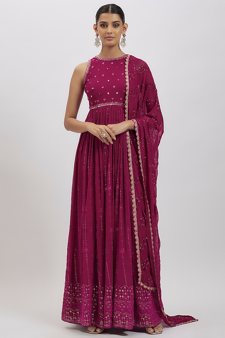 Magenta Pink Georgette Hand Embellished Anarkali Set by AJAY & PRIYANKA at Pernia's Pop Up Shop