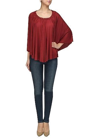 Red Embellished Poncho by Anuj Sharma