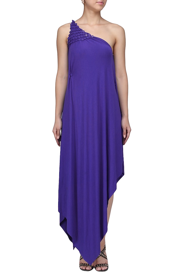 Royal blue embellished one shoulder draped dress