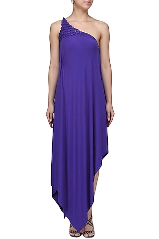 Royal Blue Embellished One Shoulder Draped Dress by Anuj Sharma