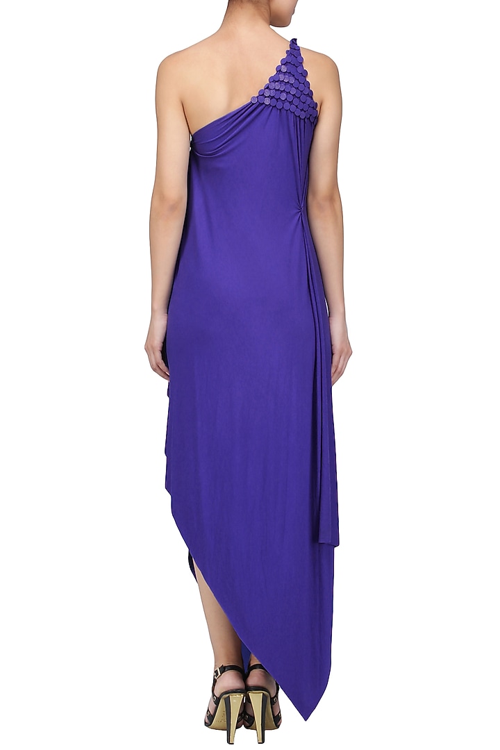 Royal blue embellished one shoulder draped dress