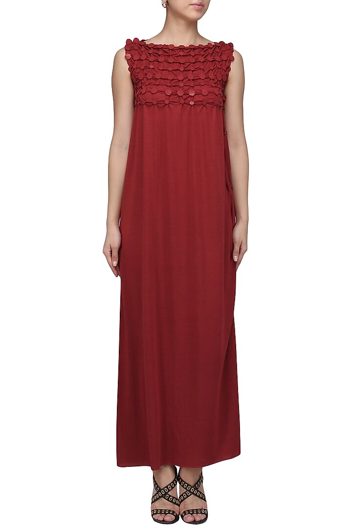 Red embellished maxi dress available only at Pernia's Pop Up Shop.