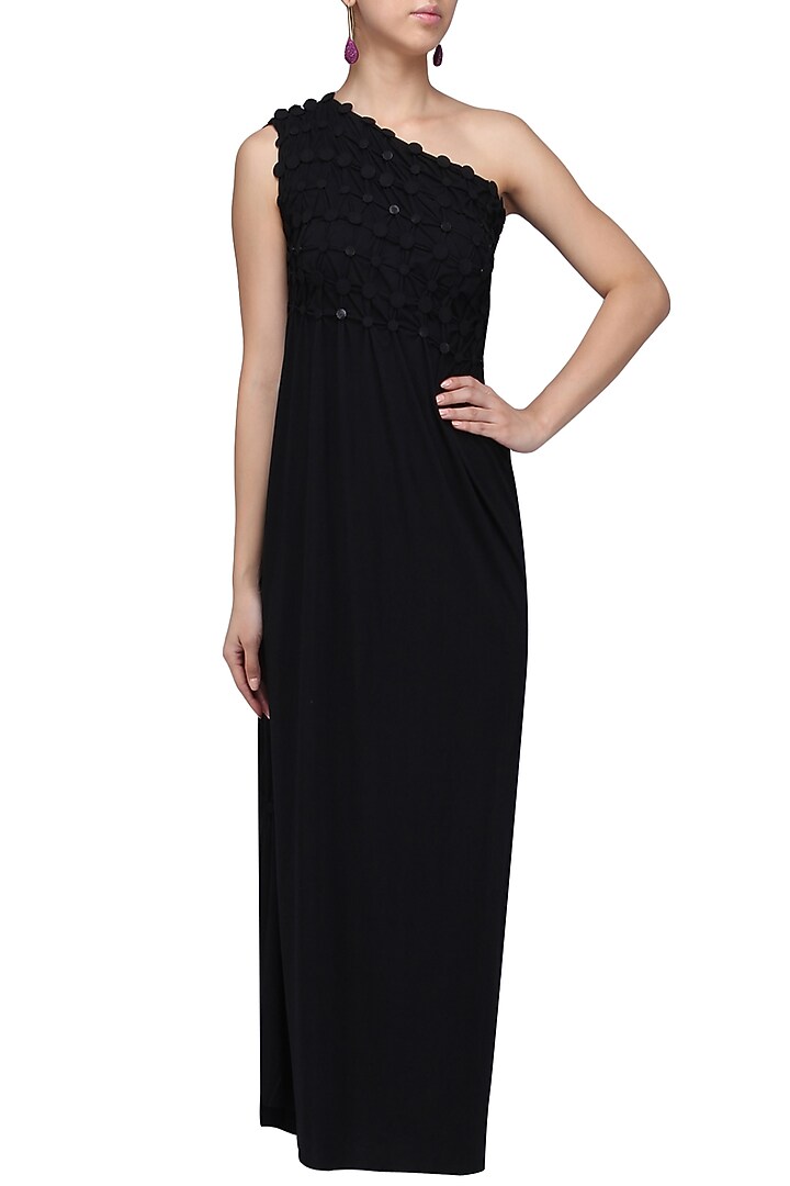 Black embellished maxi dress available only at Pernia's Pop Up Shop.