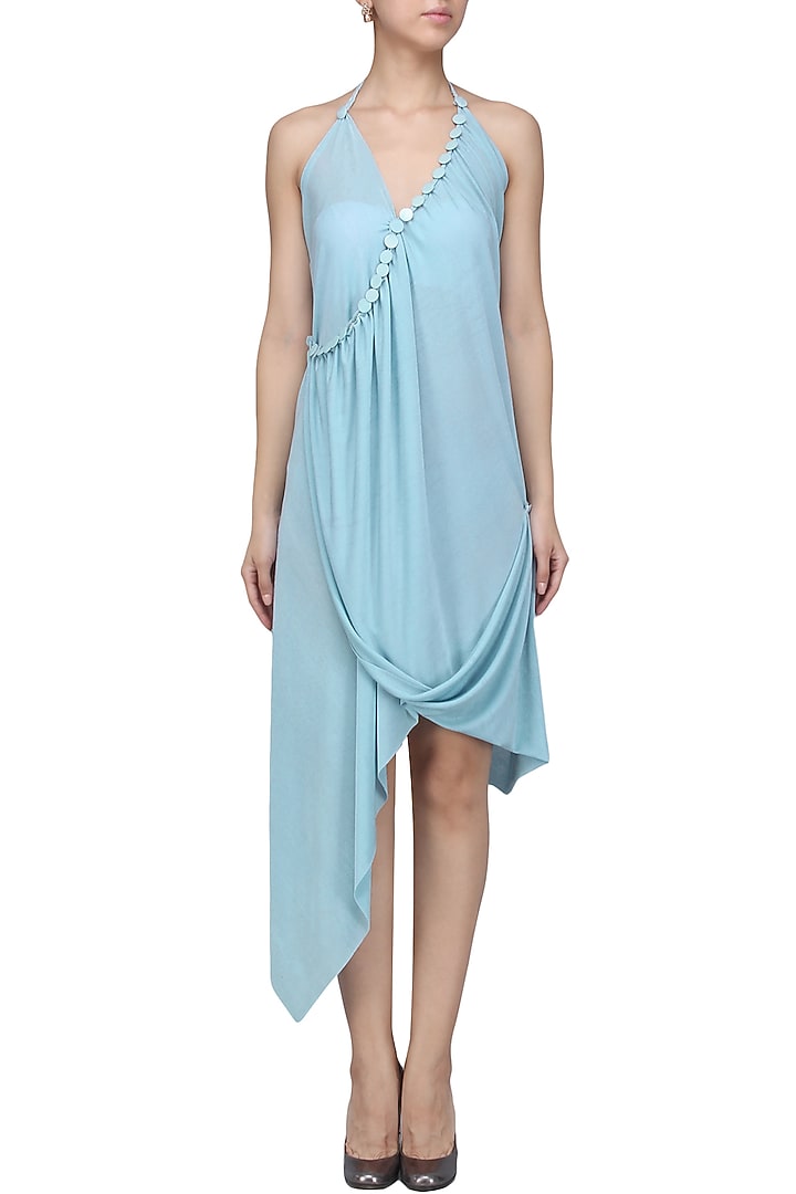 Light blue embellished aysmmetric dress available only at Pernia's Pop Up Shop.