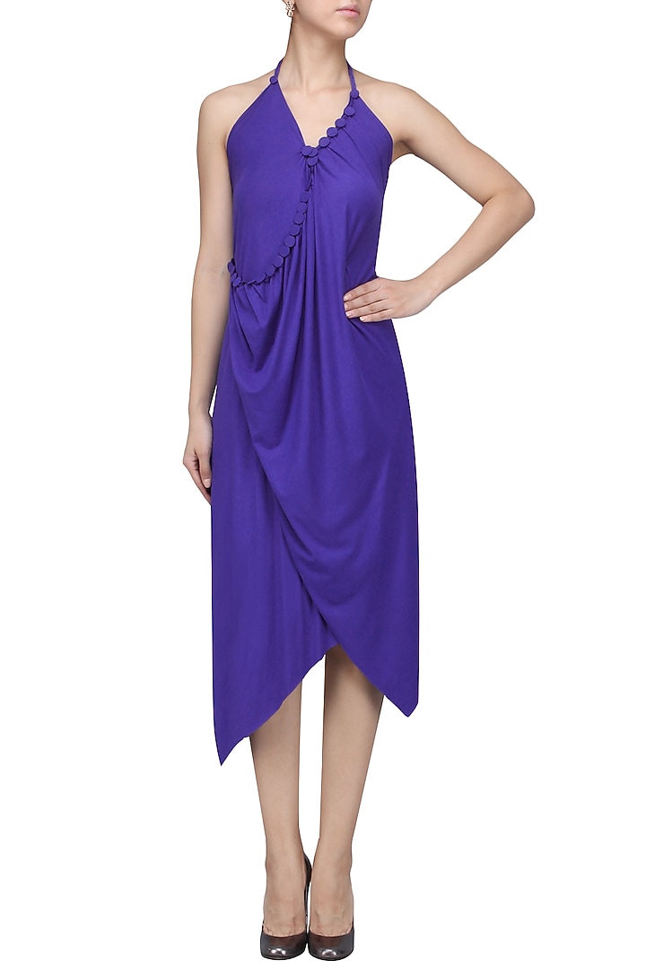 Royal blue embellished asymmetric halter dress available only at Pernia's Pop Up Shop.
