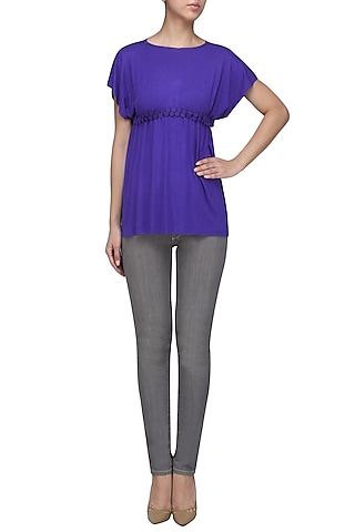 Royal Blue Pinched Waist Embellished Short Top by Anuj Sharma