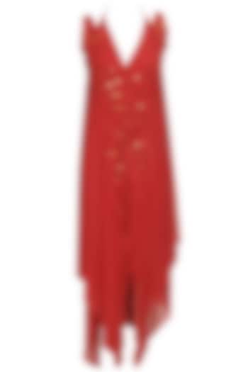 Red sequins work halter dress by Anuj Sharma