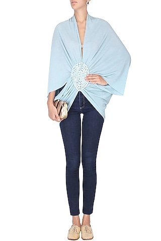 Sky Blue Sequinned Square Moon Poncho by Anuj Sharma
