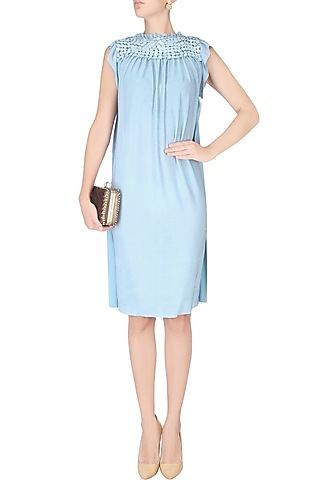 Sky Blue Sequinned Shift Dress by Anuj Sharma