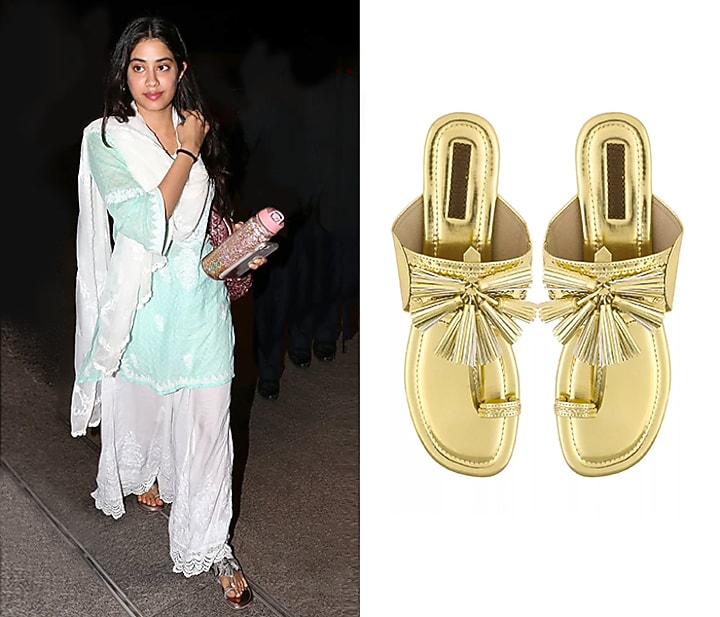 Aprajita Toor presents Glossy Gold "Jhalar" kolhapuri flats available only at Pernia's Pop Up Shop.