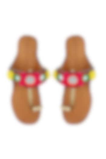 Nude kolapuri flats with multi coloured popmpoms and mirror work available only at Pernia's Pop Up Shop.