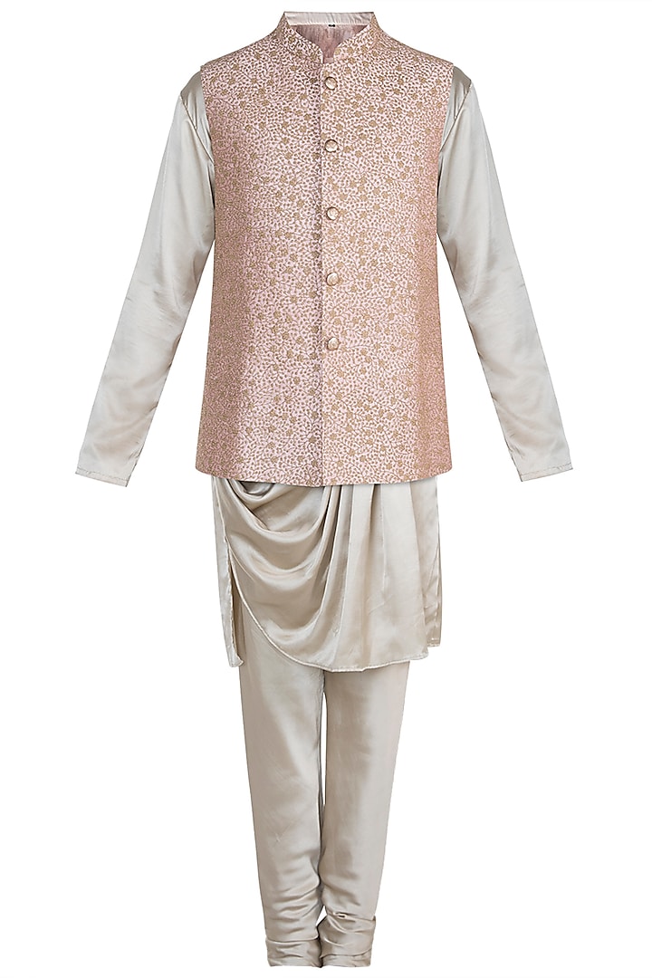Peach Embroidered Nehru Jacket With Golden Kurta Set by Anju Agarwal