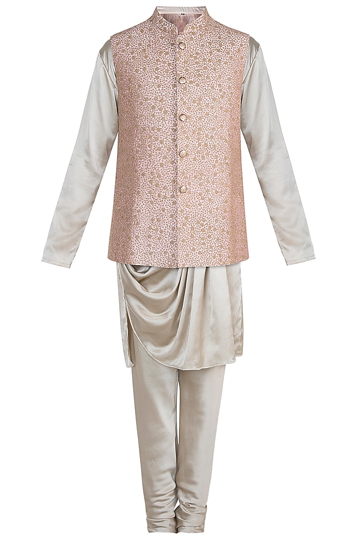 Peach Embroidered Nehru Jacket With Golden Kurta Set by Anju Agarwal at Pernia's Pop Up Shop