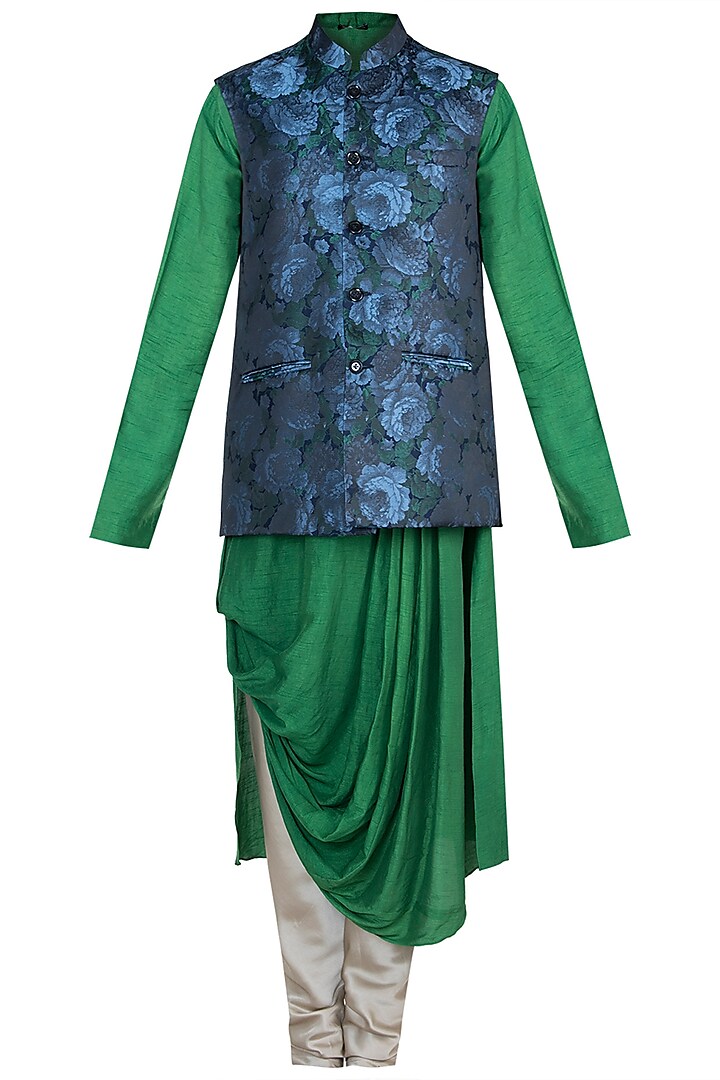 Green & Blue Printed Kurta Set With Jacket by Anju Agarwal