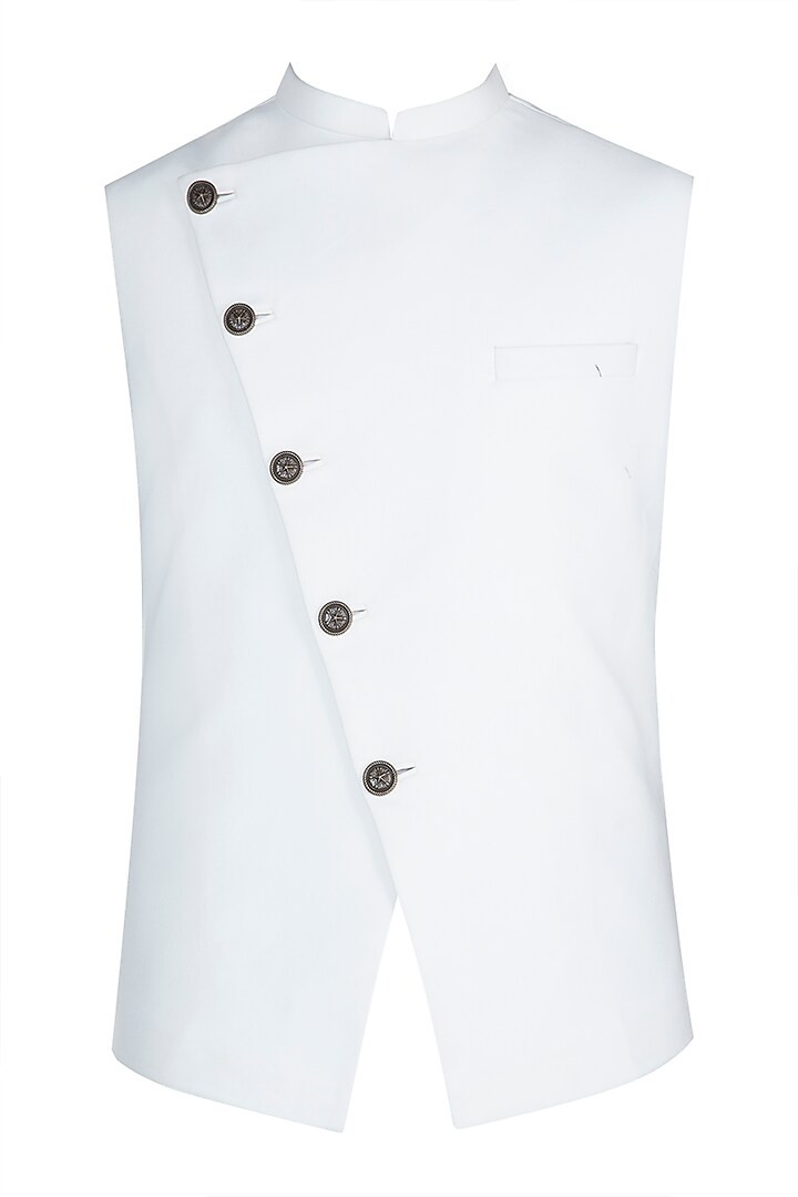 White Asymmetric Nehru Jacket by Anju Agarwal