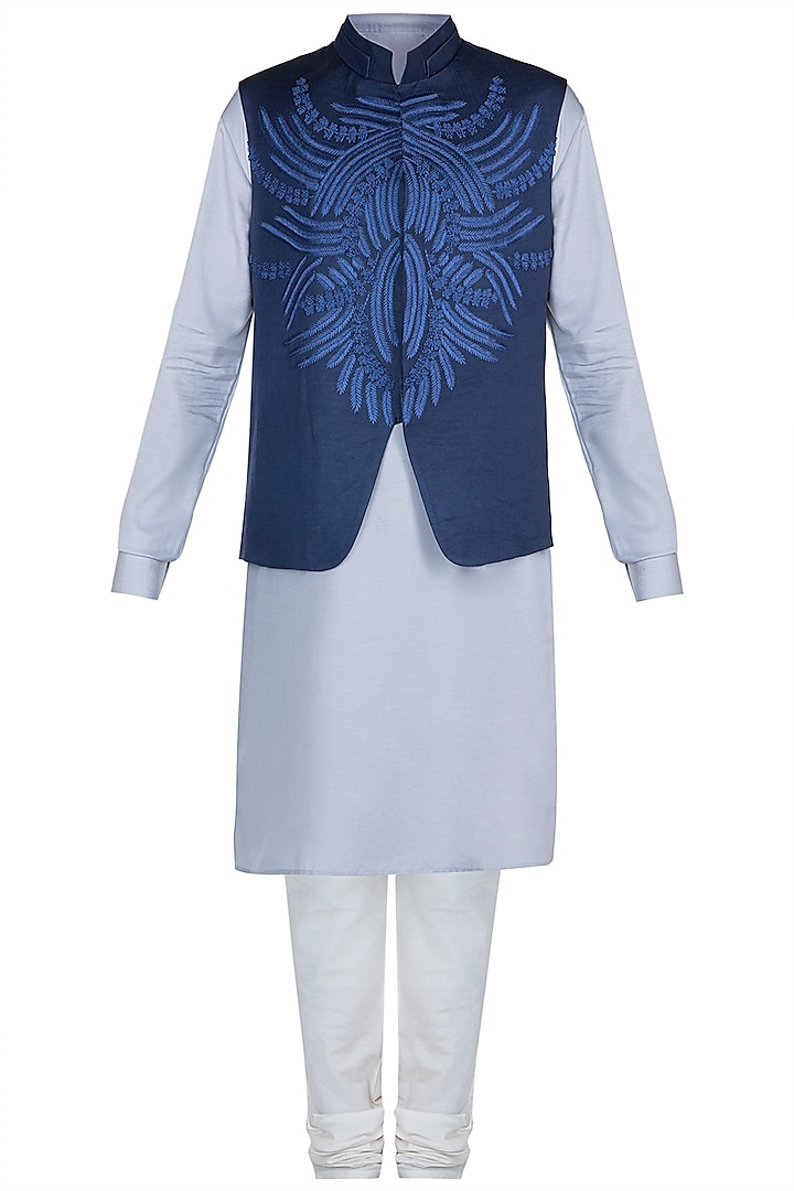Grey Kurta Set With Blue Embroidered Jacket by Anju Agarwal