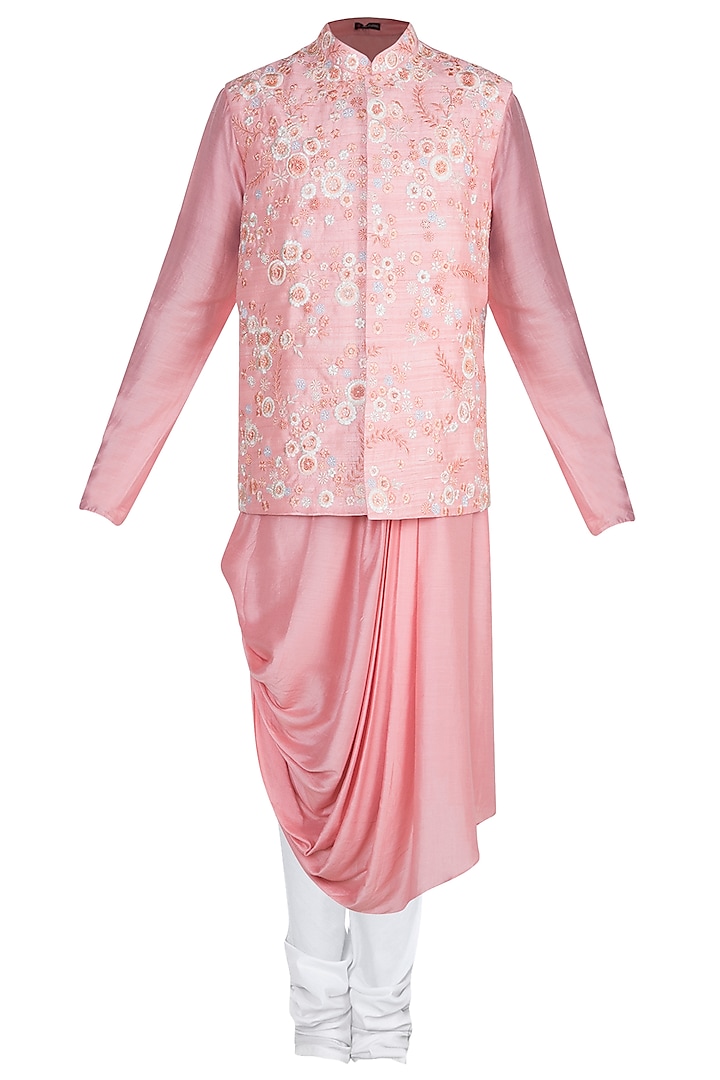 Pink Kurta Set With Embroidered Jacket by Anju Agarwal