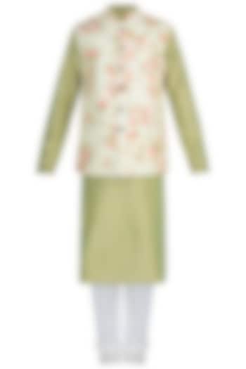 Green Kurta Set With Printed Jacket by Anju Agarwal at Pernia's Pop Up Shop