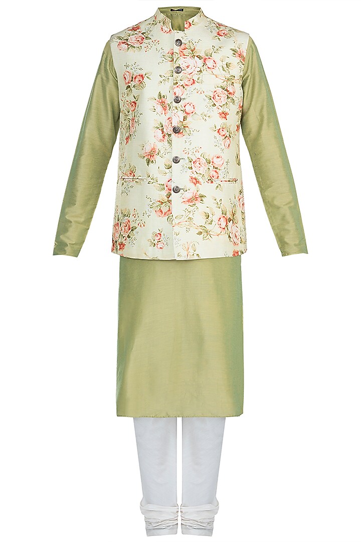 Green Kurta Set With Printed Jacket by Anju Agarwal at Pernia's Pop Up Shop