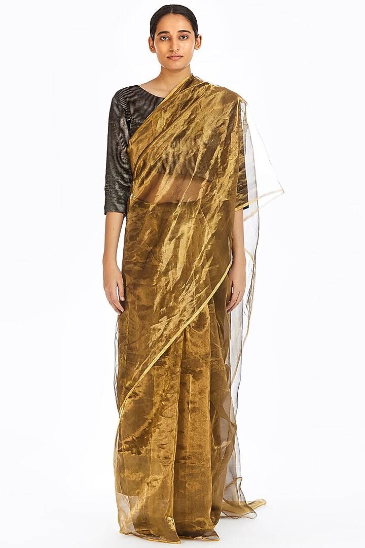 Gold Metallic Handwoven Party Wear Saree by Akaaro at Pernia's Pop Up Shop