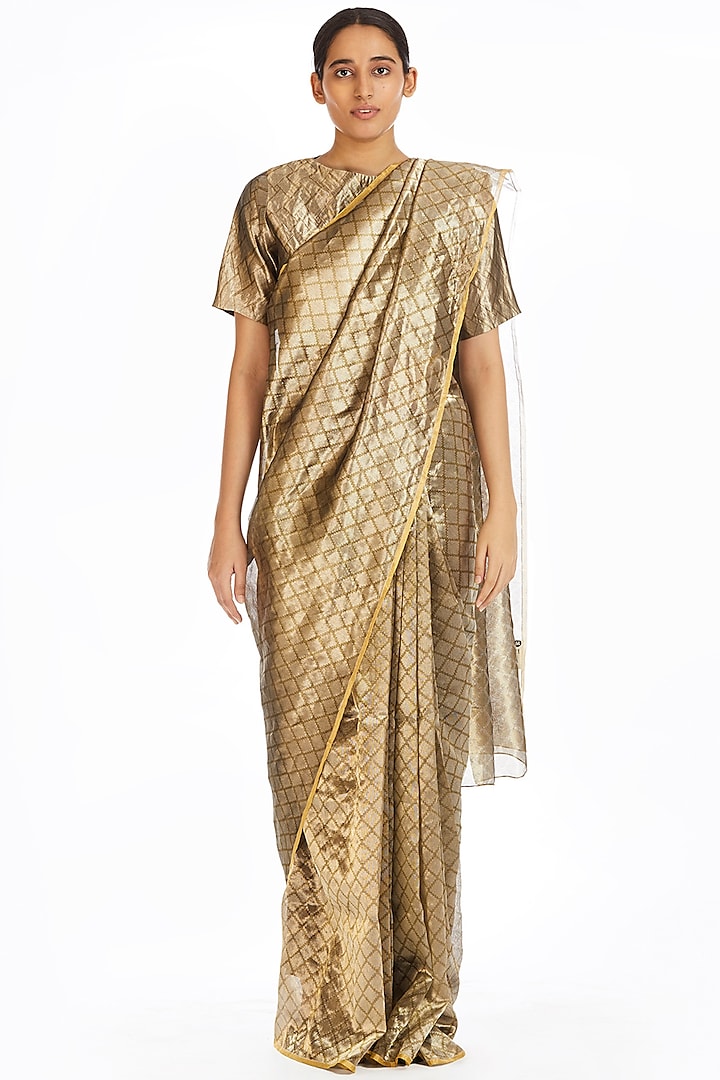Silver & Gold Handwoven Longline Saree by Akaaro