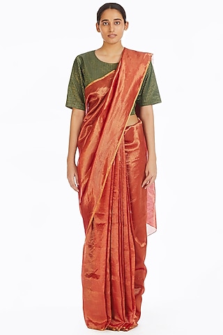 Red Handwoven Chevron Saree by Akaaro