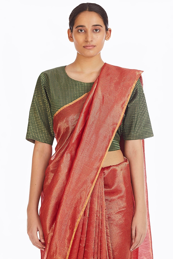 Red Handwoven Chevron Wedding Saree by Akaaro at Pernia's Pop Up Shop