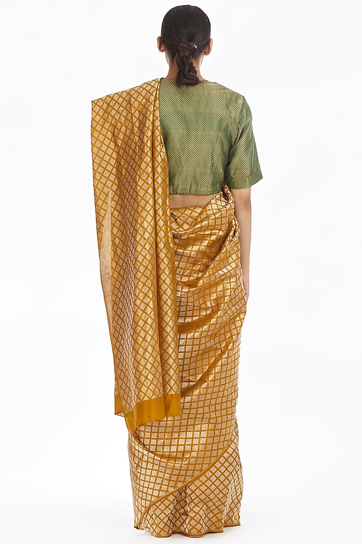 Mustard Handwoven Brocade Wedding Saree by Akaaro at Pernia's Pop Up Shop