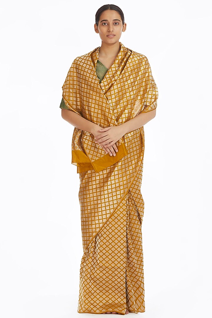 Mustard Handwoven Brocade Wedding Saree by Akaaro at Pernia's Pop Up Shop