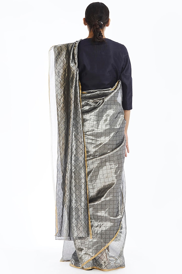 Silver Handwoven Longline Wedding Saree by Akaaro at Pernia's Pop Up Shop