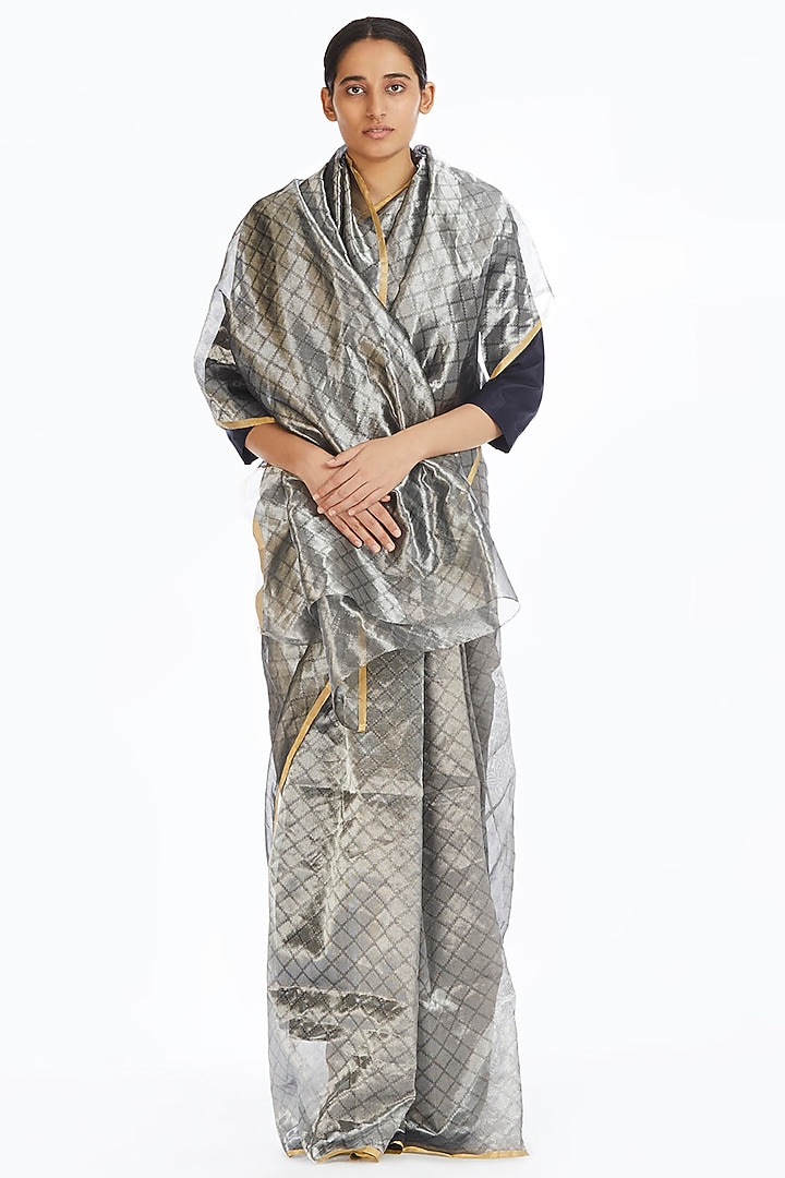 Silver Handwoven Longline Wedding Saree by Akaaro at Pernia's Pop Up Shop