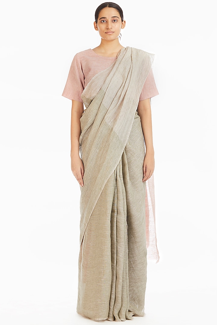 Olive Soft Pink Handwoven Engineered Saree by Akaaro
