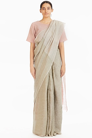 Olive Soft Pink Handwoven Engineered Saree by Akaaro