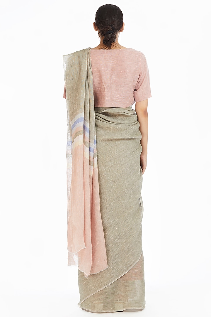 Olive Soft Pink Handwoven Engineered Party Wear Saree by Akaaro at Pernia's Pop Up Shop