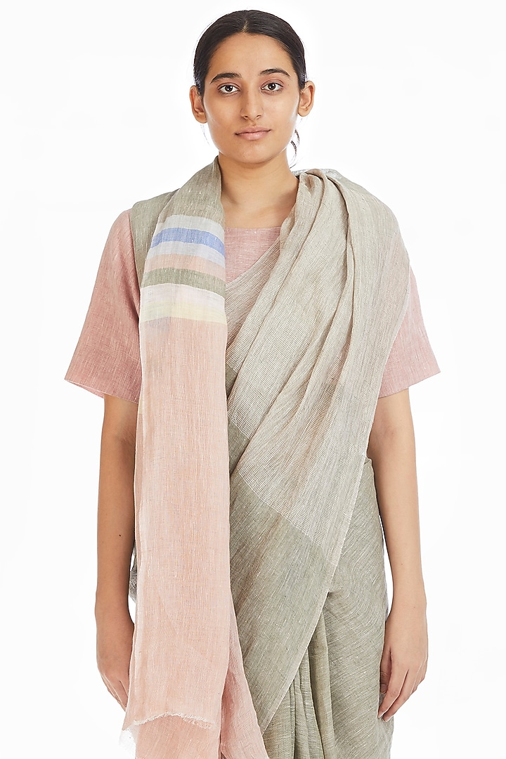 Olive Soft Pink Handwoven Engineered Party Wear Saree by Akaaro at Pernia's Pop Up Shop