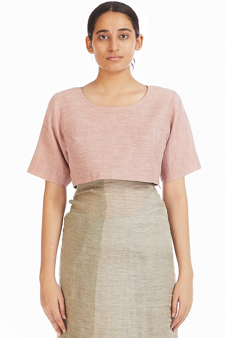 Olive Soft Pink Handwoven Engineered Party Wear Saree by Akaaro at Pernia's Pop Up Shop