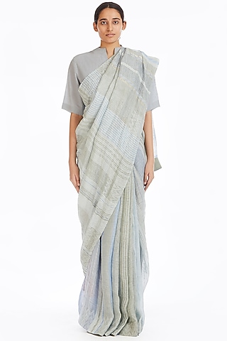 Multi Colored Handwoven Saree With Jamdani Stripes by Akaaro
