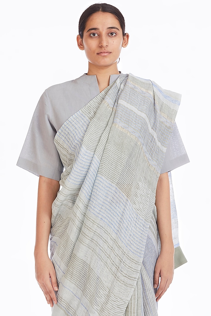 Multi Colored Handwoven Party Wear Saree With Jamdani Stripes by Akaaro at Pernia's Pop Up Shop