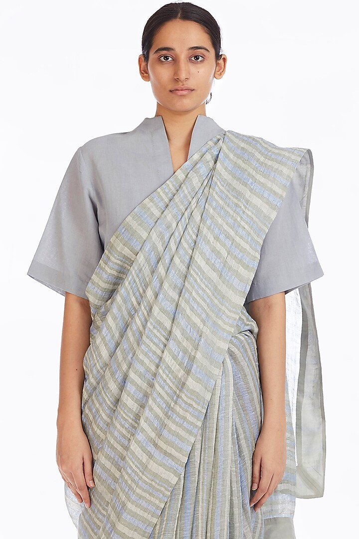 Multi Colored Handwoven Party Wear Saree With African Stripes by Akaaro at Pernia's Pop Up Shop
