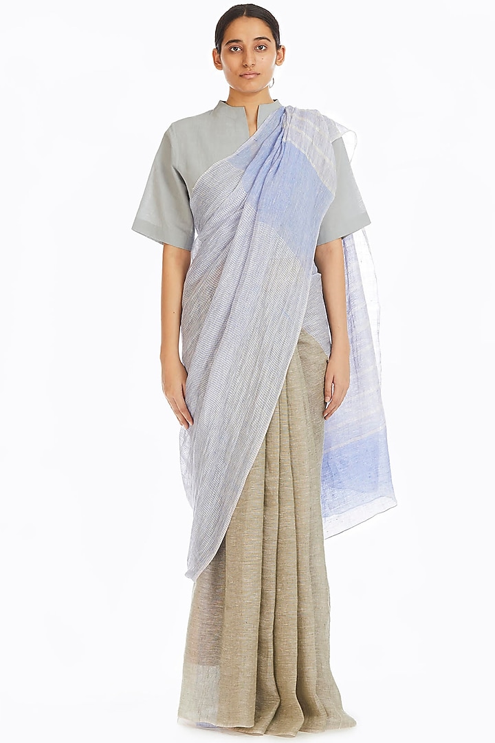 Olive Green & Blue Handwoven Saree With Stripes by Akaaro