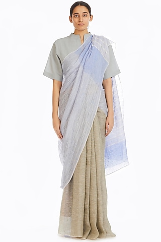 Olive Green & Blue Handwoven Saree With Stripes by Akaaro