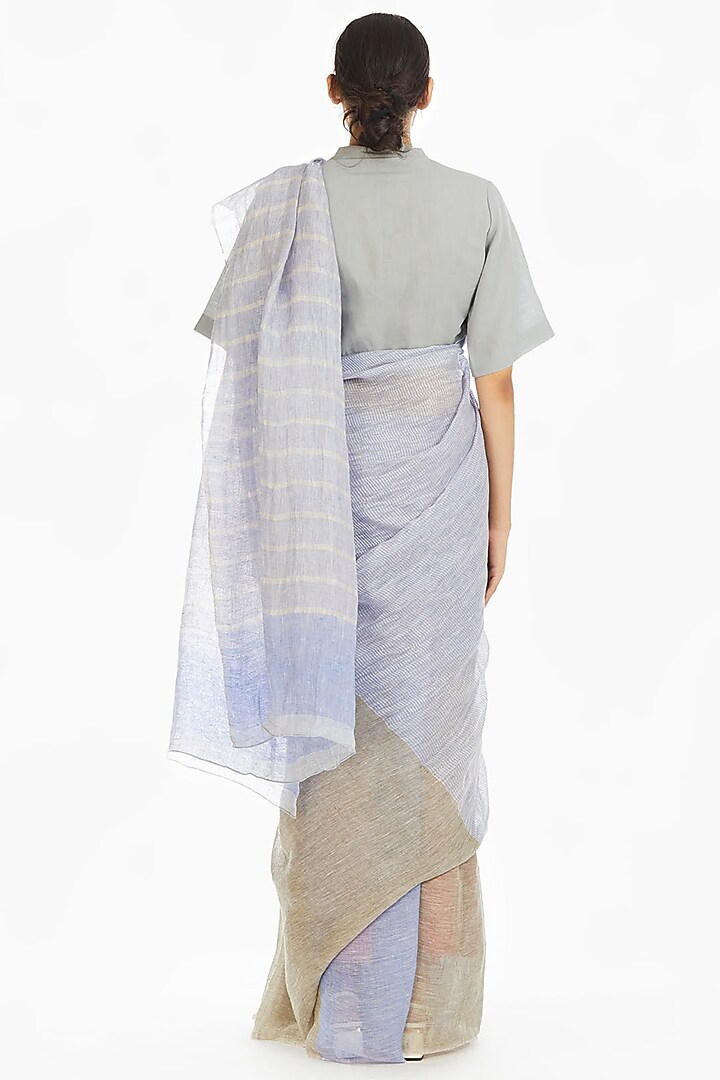 Olive Green & Blue Handwoven Party Wear Saree With Stripes by Akaaro at Pernia's Pop Up Shop