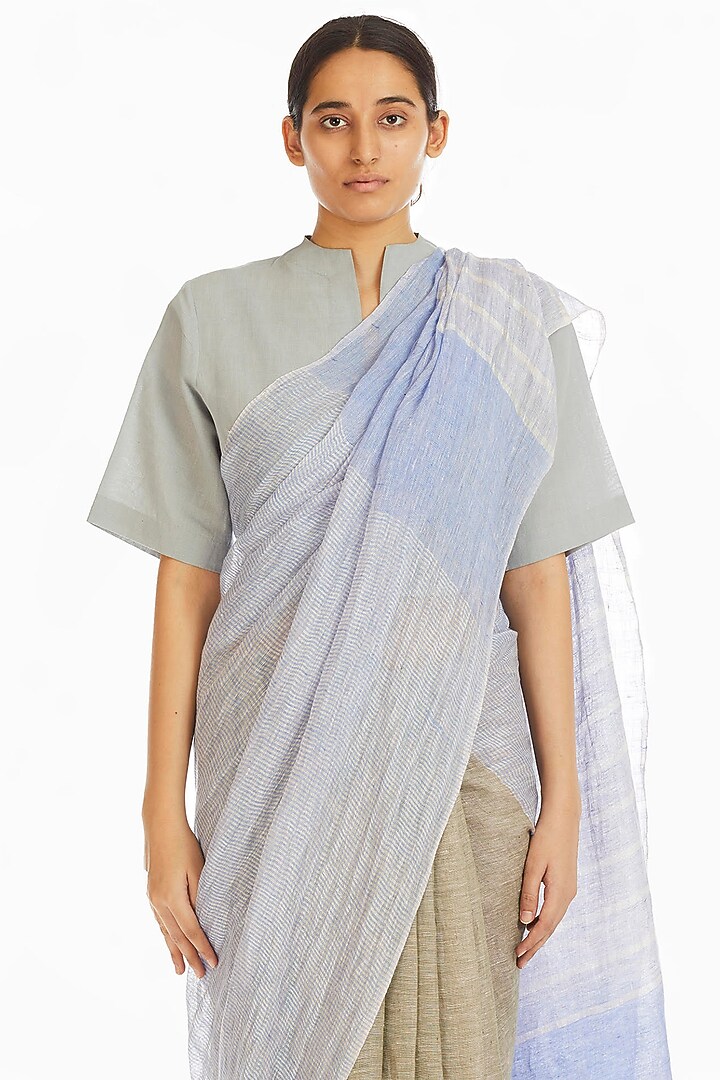 Olive Green & Blue Handwoven Party Wear Saree With Stripes by Akaaro at Pernia's Pop Up Shop